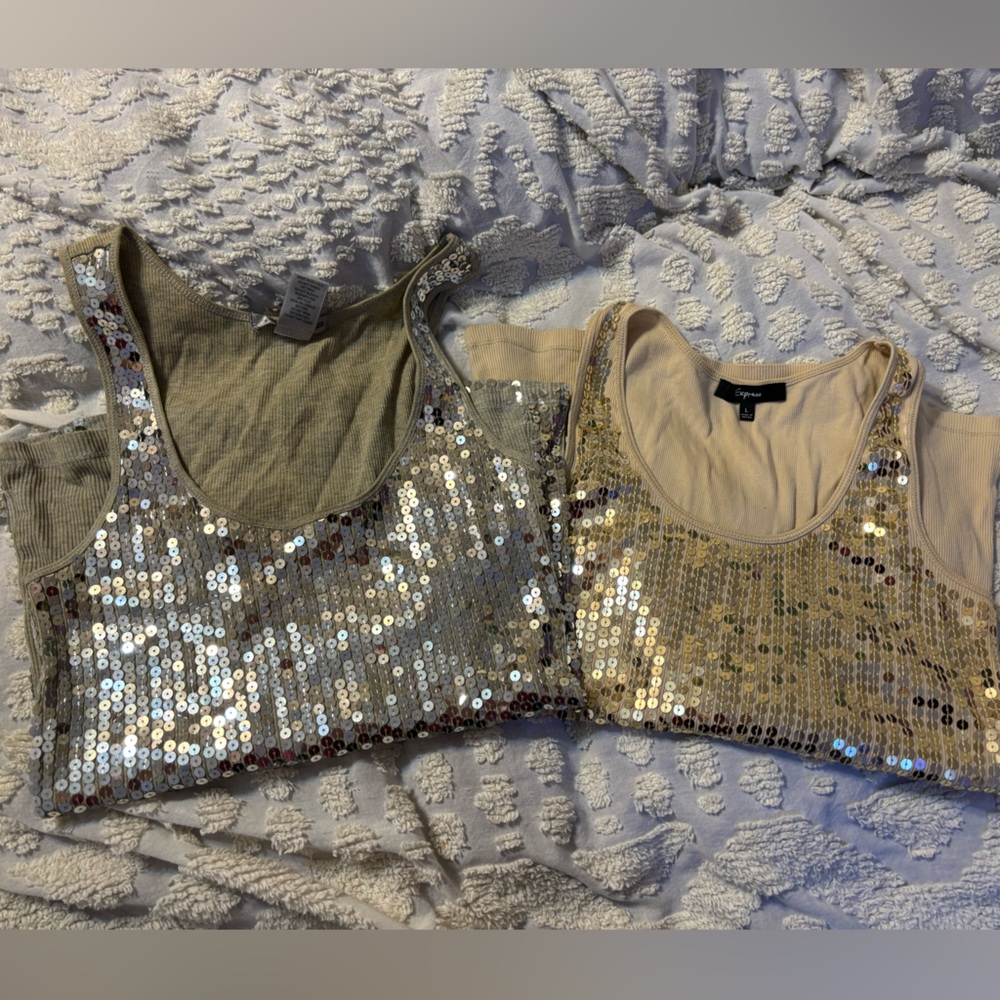 Gold and Silver Sequined Shimmery Tanks by Express and Instant Romance